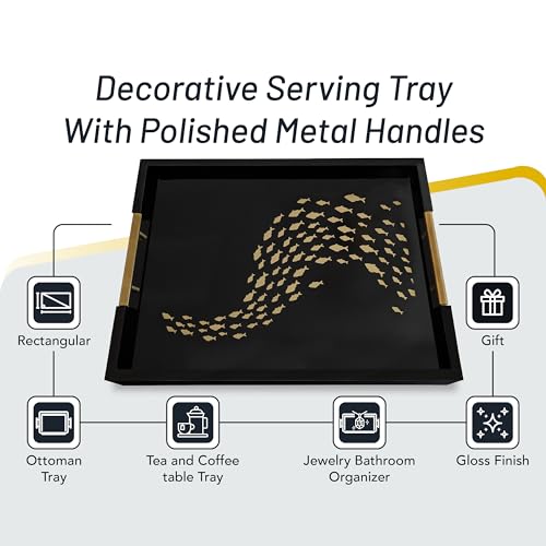 Black Serving Tray with School of Golden Fish Design Gothic Ottoman Tray, Tea and Coffee Table Tray, Jewelry Bathroom Organizer, Gift, Gloss Finish - style: Art Deco
