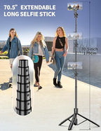 Aluminum 71" Phone Tripod, Travel Tripods for iPhone with Remote, Extendable Cell Phone Selfie Stick Tripod Stand Compatible with iPhone 17/16/15/14/13/Android/Camera - color: Black, size: B-[70.47Inch＆Upgraded Aluminum Pole]