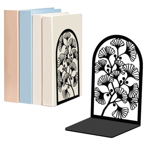 WADORN 1 Pair Botanical Leaf Decorative Bookends Ginkgo Leaf Heavy Duty Metal Book Ends Black Novelty Book Holder Stopper for Home Office Bookshelf Library Desk Decoration 5.3x4.3x7.9 Inch - color: Ginkgo Leaf