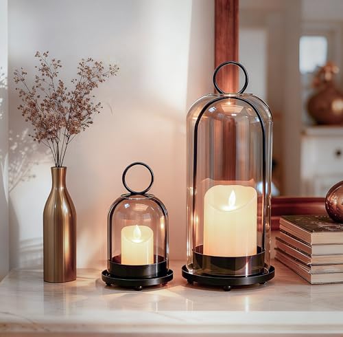 Hurricane Candle Holders Set of 2, 5" & 4" Metal and Glass Candle Lantern with Clear Dome for Pillar Candle, Wedding & Christmas Table Centerpiece, Farmhouse Home Decor (Black, Large & Small) - color: Black