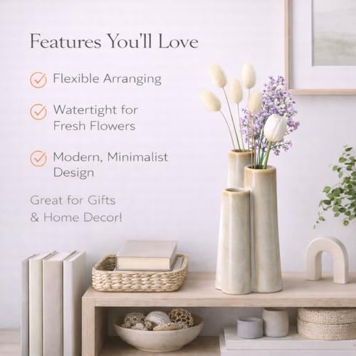Ceramic Bud Vase, Sculptural Triple Tube Vase in Cream White for Modern Farmhouse & Minimalist Shelf Decor