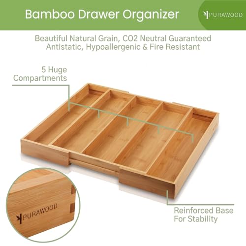 Purawood Kitchen Drawer Organizer, 2 Pack - Expandable Utensil Drawer Organizer for Kitchen, Cutlery Tray & Silverware Organizer, 3-5 Slots - Bamboo Organizer for Utensils & Flatware (Natural) - color: Natural, size: 5 Slot