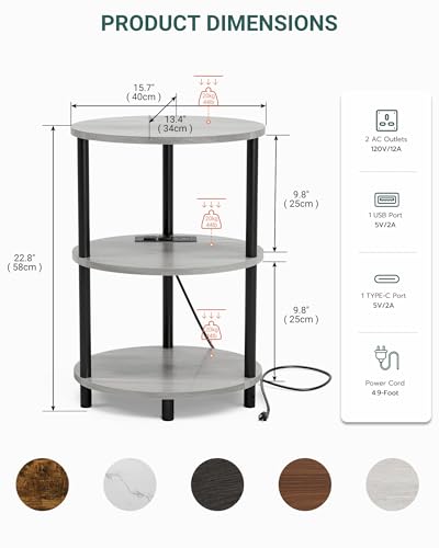 Small Round Side Table - 3-Tier Oval Accent Table for Small Spaces, Rustic Wood and Metal Nightstand for Living Room or Bedroom, Built-in USB Ports and Power Outlet, Greige - color: Greige, size: 1-Pack, style: Includes Power Outlets