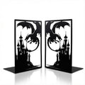 Gothic Dragon Bookends, Black Metal Castle Design, 7.1 x 4.7 Inch, Decorative Book Holders with Non-Slip Base, 2 Piece Set