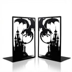 Gothic Dragon Bookends, Black Metal Castle Design, 7.1 x 4.7 Inch, Decorative Book Holders with Non-Slip Base, 2 Piece Set