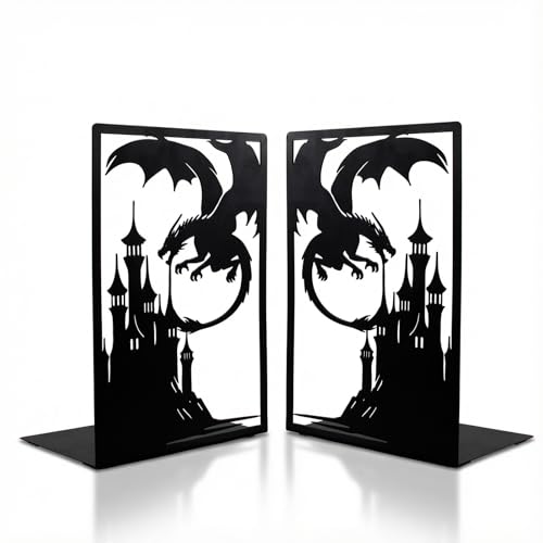 Gothic Dragon Bookends, Black Metal Castle Design, 7.1 x 4.7 Inch, Decorative Book Holders with Non-Slip Base, 2 Piece Set