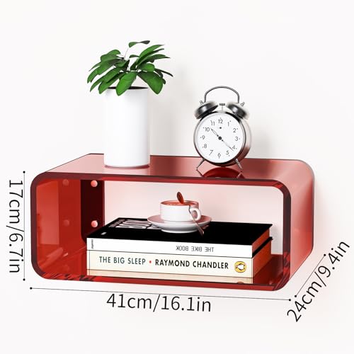 Acrylic Floating Nightstand, Bedside Table, Nightstand Shelf Wall Mounted Bedside Shelf (Red, Small) - color: Red