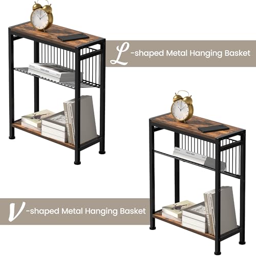 Small Side Table Set of 2 for Small Space, 3-Tier Narrow End Table with Magazine Holder, Slim Nightstand, Skinny Snack Couch Table in Living Room, Bedroom and Balcony (Rustic Brown &Black) - color: Rustic Brown-2pcs