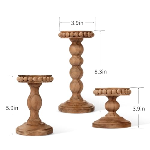 Mumufy 3 Pcs Candle Holders for Pillar Candles Rustic Farmhouse Home Decor Decorative Washed Beaded White Black Wood Candle Holder Country Style for Table Mantel Fireplace Wedding(Pine Brown,Small) - color: Pine Brown, size: Small