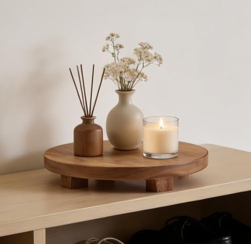 Kurrajong Farmhouse footed wooden tray | wood pedestal stand | 10" wide and 2" high round riser board | acacia wood pedestal board | plant holder