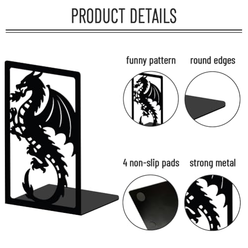 WADORN Creative Dragon Metal Bookends for Shelves Decorative 1 Pair, Heavy Duty Books End Support Non-Skid Book Holder Black L-Shaped Book Stopper for Home Office Desk Book Divider, 4.7x3.5x7 Inch - color: Dragon