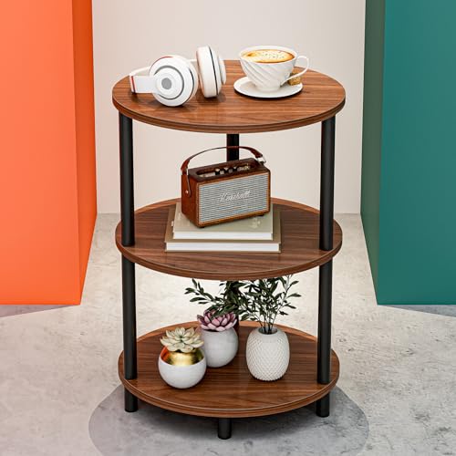 Round Pedestal End Table - 3-Tier Oval Accent Table for Small Spaces, Rustic Wood and Metal Couch Side Table, Nightstand for Bedroom or End Table Living Room, Easy to Assemble, Rustic Walnut - color: Rustic Walnut, size: 1-Pack, style: Without Power Outle