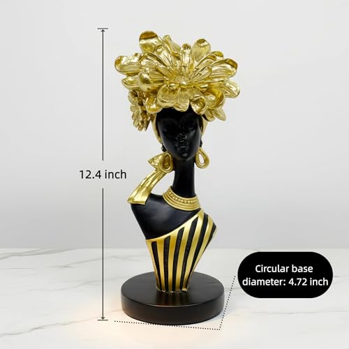 Lescafita African Woman Art Sculpture with Gold Floral Crown, Black and Gold Striped Statue,Elegant African-Inspired Art Gift suitable for various settings such as home, bookshelves, desks, or offices - color: 704-gold