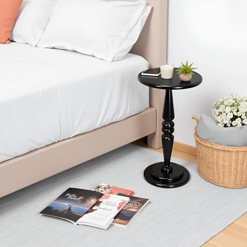 SwallowLiving Black Side Table, 25" Tall Small Round End Table for Small Spaces, Solid Pine Wood Pedestal Drink Table, Narrow Accent Table for Living Room, Bedroom & Entryway, Matte Black Finish - color: Black Spindle