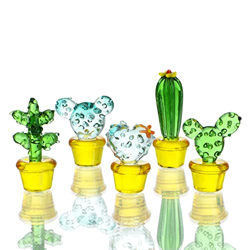 H&D HYALINE & DORA 5PCS Handmade Blown Glass Art Cactus Crystal Miniature Cute Cactus Figurines Home Office Desk Tabletop Simulation Plants Decorations Car Inner Ornaments - color: Cactus 3*