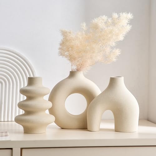 White Ceramic Vase Set of 3, Small Flower Vases for Pampas Grass, Modern Boho Vase for Decor, Round White Vases Centerpieces for Wedding Living Room Bedroom Coffee Table Dinner Table - color: White