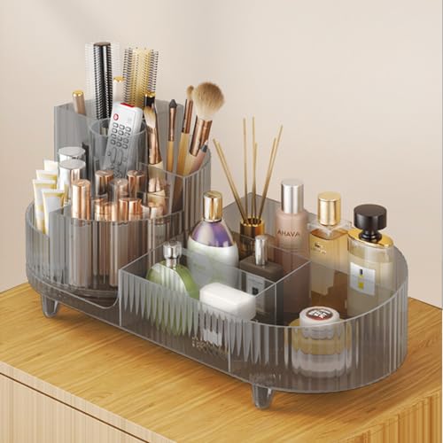 Rotating Makeup Organizer for Vanity with Brush Holder, Cosmetic Makeup Storage Organizer, Large Spinning Makeup Skincare Organizer, Countertop Makeup Perfume, Lotions Display Case (Transparent Black) - color: Transparent Black
