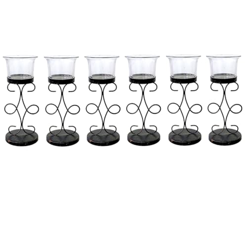 Hosley Bulk Buy Set of 6 Metal & Glass Tea Light Candle Holders for Home Decor, Lighting, Wedding, Parties, Gifting, LED Tea Light Gardens - color: Black