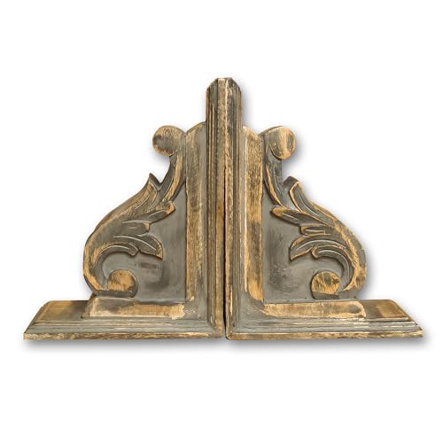 Vintage One Pair of Distressed-Finish Wooden bookends with a Carved Pattern, Perfect for Shelves, Heavy bookends for Books, and Modern Accent for Living Room,Office (Rustic Grey) - color: Rustic Grey