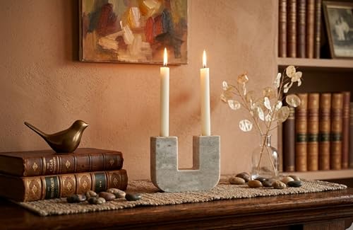 Spiretro Elegant U-Shape Marble Candle Holder for Taper Candles – Real Marble with Grayish-White and Brown Veining, Soft Pads for Surface Protection – 5.5” W x 4.5” H x 1.75” D