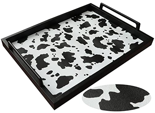 MCBZ Living Room Decorative Tray, Serving Tray, Coffee Table Tray, Leather Tray, Hardware Handle 16.5 x 12.6 inches (Black) - color: Black/White Cow Pattern