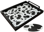 MCBZ Living Room Decorative Tray, Serving Tray, Coffee Table Tray, Leather Tray, Hardware Handle 16.5 x 12.6 inches (Black) - color: Black/White Cow Pattern