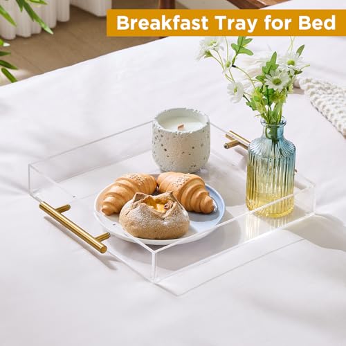 12"x12" Clear Acrylic Serving Tray with Golden Handles, Sturdy Huge Capacity Acrylic Trays for Coffee, Juice, Kitchen and Desk Organizer, Storage Tray (12"x12") - size: 12" x 12" x 2"
