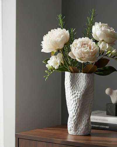 White Matte Ceramic Vase, 9.9 Inch Organic Nature Trunk Shape, OOSTONEE Modern Wabi Sabi Unique Flower Vase for Home, Living Room, Bedroom, Dining Table, Centerpiece Decor - color: White