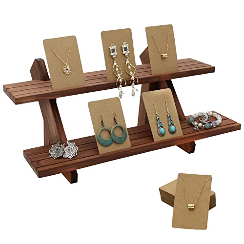 51pcs 2-Tier Wood Earring Display Stand, Retail Display Riser Earring, Ring Holder Stand, Removable Countertop Small Merchandise Display Stand with 50 Pcs Earring Card (Light brown) - color: 2 Tier