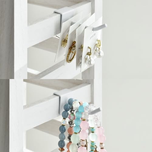 Ikee Design 5 Tiers Free Assemble Wooden Jewelry Display Rack with 20 Removable Metal Hooks,Earring Card Display Stand,Jewelry Organizer,Bracelet Organizer,Keychain Display Stand,Wash White - color: 7) Wash White w/White Hook