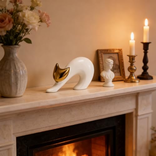 Cat Statues Home Decor White Ceramic Cat Figurine, Gold Cat Figurine Accent, Modern Cat Sculpture 7.9in, Desk Cat Statue for Office Shelf - size: 4.7in