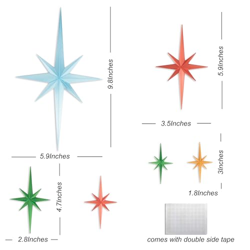 Stylor Mid Century Modern Decor - Whimsigoth MCM Retro 3D Star Wall Art Sculpture, Vintage Celestial Home Decor Accent, Plastic Starburst Decor (Set of 6) - color: Multi