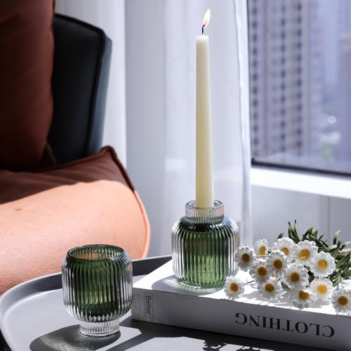 Woho Green Votive Candle Holders Set of 2(3.5" H x 3.1" W), Ribbed Tealight Candle Holder Vintage for Christmas Dinner Table, Reversible Tea Lights Candle Holder Glass for Living Room Home Decor - color: Green