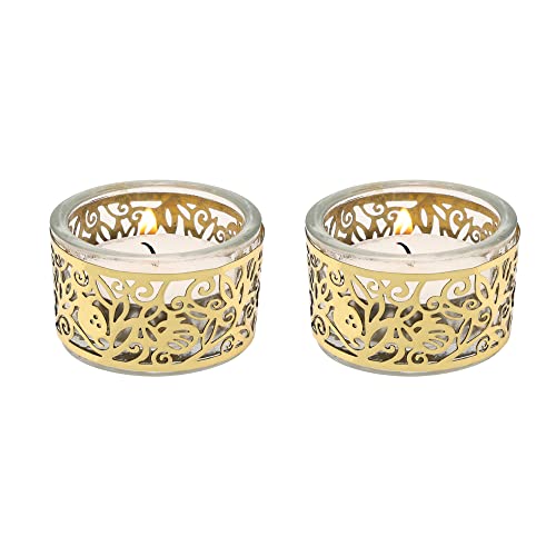 Yair Emanuel Tea Light Candle Holders for Shabbat | Shabbos Candlestick Holders | Glass with Metal Decoration (Pomegranates Gold CSX-2) - color: Pomegranates Gold Csx-2