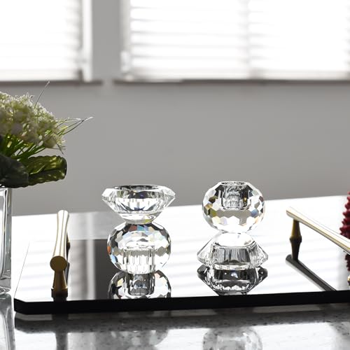 Reversible Crystal Candle Holders Pack of 2, Clear Tealight or Taper Candlesticks, Table Centerpiece Home Decor for Wedding, Dining, Party(3.1in Tall)