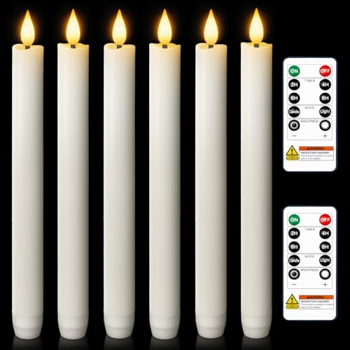 Homemory 6 Pcs Wax Flameless Taper Candles with Remote Timer and Dimmer, White Candle Sticks Battery Operated, LED Window Candles with Flickering Light, 9.6 Inches for Wedding Home Indoor Decoration - style: Modern - White 9.6"