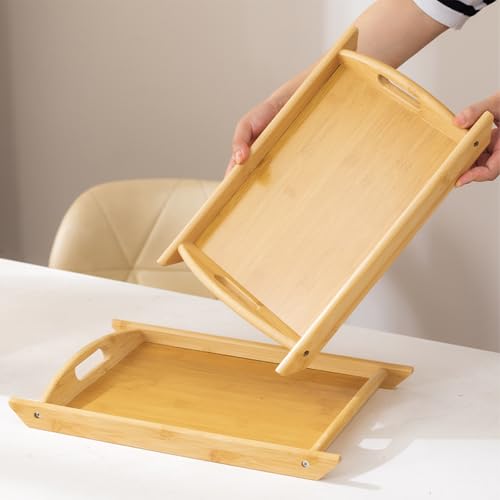 Bamboo Serving Tray Rectangle Platter Breakfast Dinner Food Bed Tray for Eating Kitchen Restaurants (1, 15" x 10.2" x 1.2" (with Handle)) - size: 15" x 10.2" x 1.2"