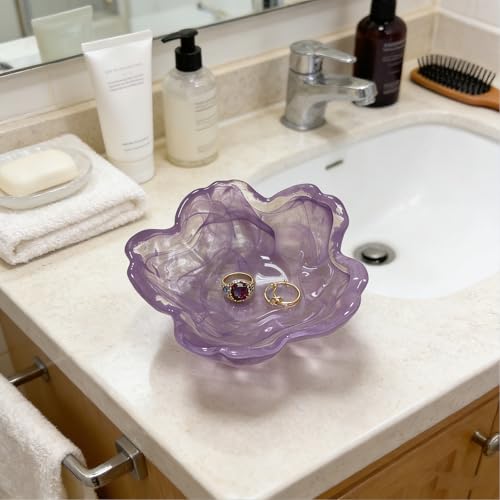 Flower Ring Dish Jewelry Tray, Glass Jewelry Dish Tray, Aesthetic Room Decor Small Trinket Dish, Nightstand Ring Holder Dish, Bathroom Jewelry Plate Bowl for Earrings (Watercolor Violet Purple) - color: Watercolor Violet Purple