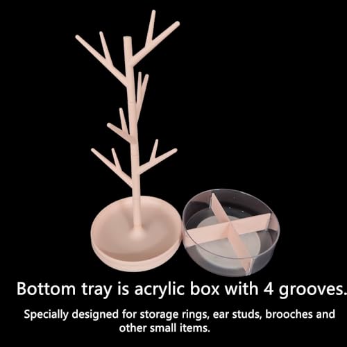 Branch Jewelry Display Stand with Rotatable Base and Storage Box, Small Earring Necklace Tree Tower Rack Holder, Hair Tie Holder Hanging Organizer for Ring Bangles Bracelet Watch (Pink)
