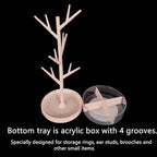 Branch Jewelry Display Stand with Rotatable Base and Storage Box, Small Earring Necklace Tree Tower Rack Holder, Hair Tie Holder Hanging Organizer for Ring Bangles Bracelet Watch (Pink)