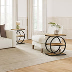 LITTLE TREE 3-Tier End Table, Side Table with Storage Shelves, Small Sofa Side Table for Living Room, Wooden Side End Table with Double Round Metal Legs, Slim Nightstand and Bedside Table, Oak - color: Oak