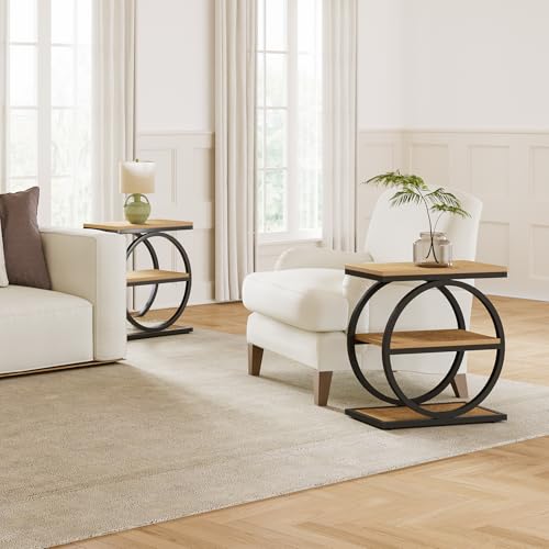 LITTLE TREE 3-Tier End Table, Side Table with Storage Shelves, Small Sofa Side Table for Living Room, Wooden Side End Table with Double Round Metal Legs, Slim Nightstand and Bedside Table, Oak - color: Oak