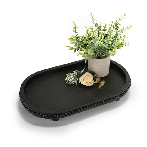 SYNCVIBE Wooden Decorative Tray for Home Decor, Beaded Black Oval Tray Decor for Coffee Table, Rustic Wood Serving Trays Farmhouse Centerpieces for Living Room Kitchen Counter (Black Oval) - color: Black