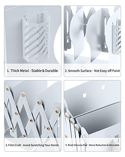 MSDADA Adjustable Bookends, Metal Book Ends for Heavy Books, Expandable Book Organizer with Pen Holder for Desk, Shelf, Office, The First Day of School Stationery Gift for Students,Teachers (White) - color: White