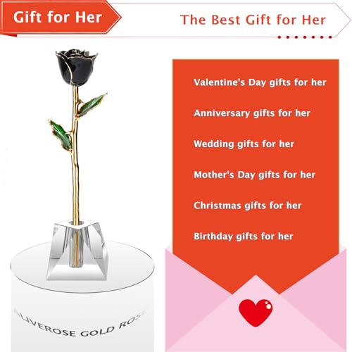 AliveRose Gold Dipped 24K Rose, 24K Gold Rose Made from Real Rose - Unique Design Gold Plated for Anniversary Valentines Mothers Day Birthday Gifts (Black Original with Crystal Vase) - color: 9. Black Original Rose With Crystal Vase