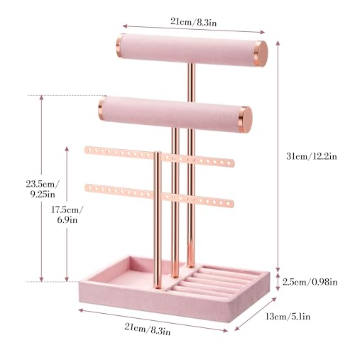 bussdis 3 Tier Bracelet Holder Display - Detachable T Bar Pink Velvet Bracelet Holder, Jewelry Holder Organizer for Bracelet, Necklace, Earrings, Rings - color: Pink, size: Standard