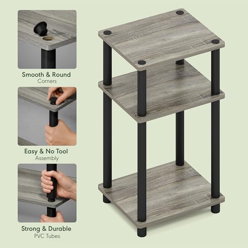 Furinno JUST Side Table Set of 2, 3-Tier End Tables, Open Shelves Night Stand, Nightstand, Toolless Assembly, for Living Room, Bedroom, French Oak - color: French Oak Grey/Black, size: 3-Tier, Round Pole, style: 2-Pack
