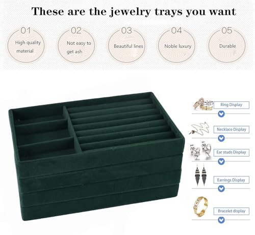 Stackable Jewelry Organizer Trays for Drawer, Set of 4 Velvet Jewelry Drawer Inserts in Dresser, 8in Storage Display Case for Rings Stud Necklaces Accessories(Green) - color: Green