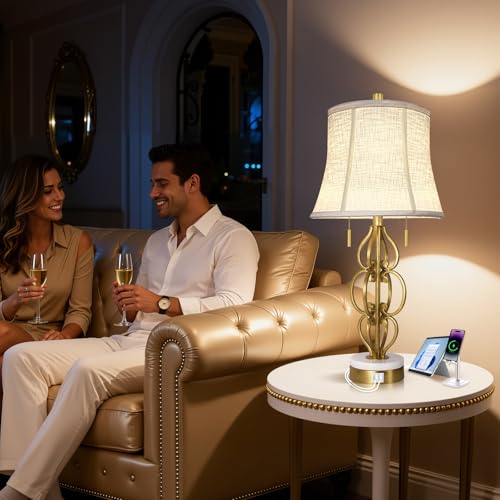 Scenekoy Table Lamp Set of 2 with USB Ports, Pull Chains Switch, 28” Gold Leaf Curved Iron Art Bedside Lamps with Linen Shade for Living Room Bedroom, Nightstand Lamps for Home Room Decor - size: 28 inches Gold Leaf -039