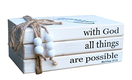 LIVDUCOT Farmhouse Wooden Decor Book Stack | Rustic Faux Book Stacks | With God All Things Are Possible Sign - color: Faith